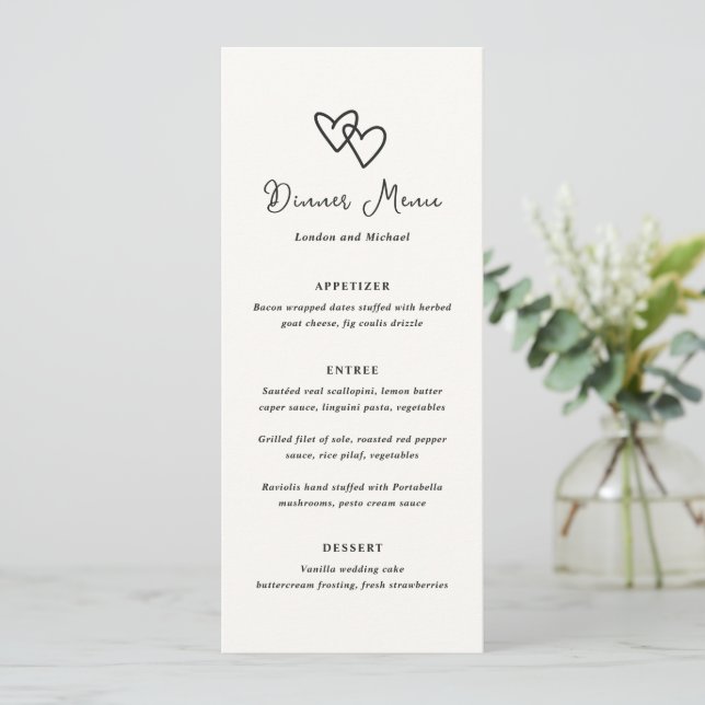 Hand Drawn Hearts Doodle Modern Wedding Menu (Standing Front)