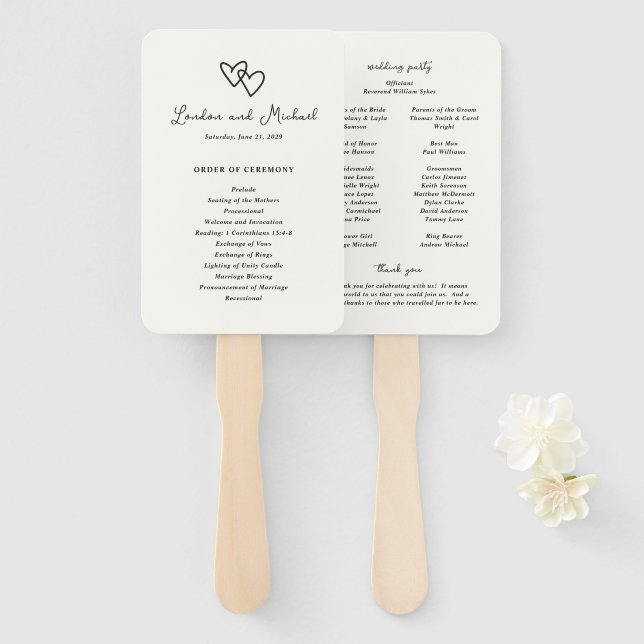 Hand Drawn Hearts Doodle Modern Wedding Program Fan (Front and Back)