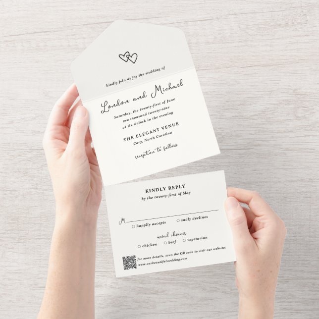 Hand Drawn Hearts Doodle QR Code Modern Wedding All In One Invitation (Tearaway)