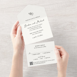 Hand Drawn Hearts Doodle QR Code Modern Wedding All In One Invitation