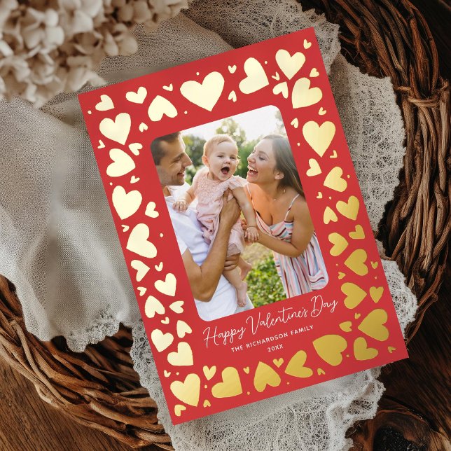 Hand drawn Hearts Frame Valentines Day Photo Red Foil Holiday Card (Creator Uploaded)