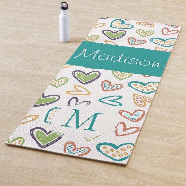 Hand drawn Hearts Multicolor Trendy Monogram Yoga Mat (In Situ)