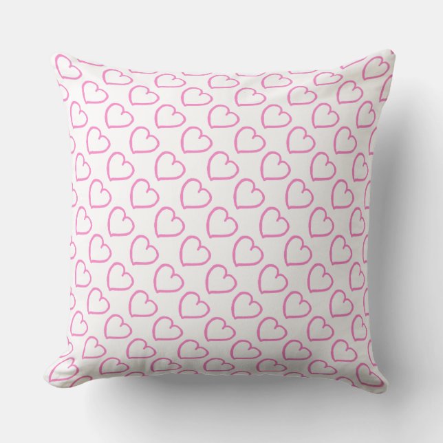 Hand drawn hearts pattern pink on white cushion (Front)