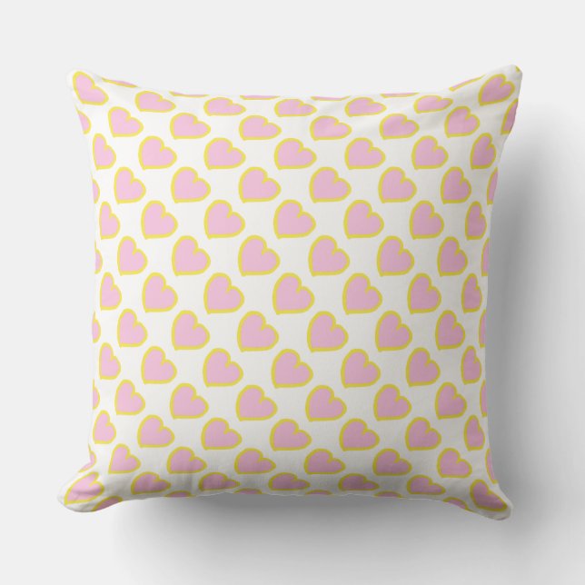 Hand drawn hearts pattern pink yellow on white cushion (Front)