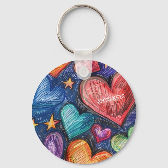 Hand Drawn Hearts & Stars Key Ring (Front)