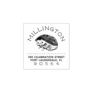 Hand-drawn Hedgehog Family Name Return Address Rubber Stamp