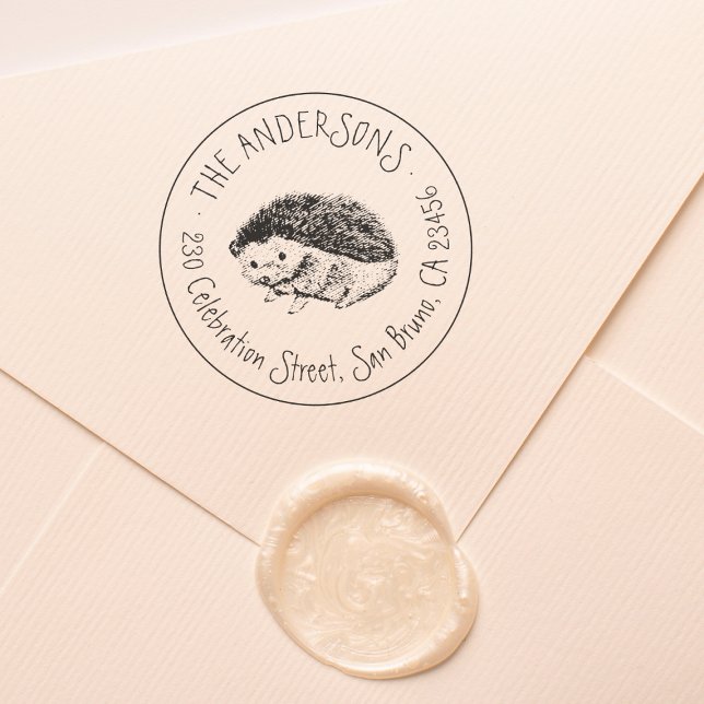 Hand Drawn Hedgehog | Family Name Return Address Rubber Stamp (Stamp Mock-up)