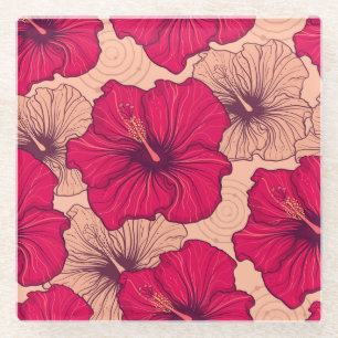 Hand Drawn Hibiscus Flowers Vintage Glass Coaster