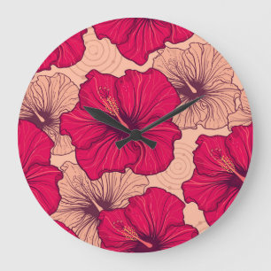 Hand Drawn Hibiscus Flowers Vintage Large Clock