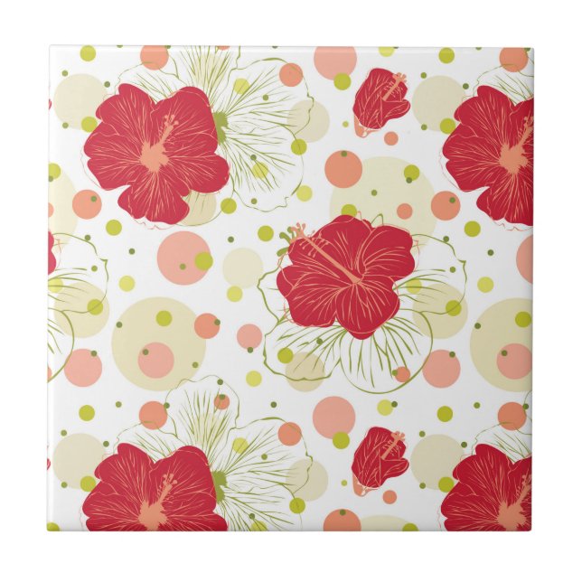 Hand Drawn Hibiscus Pattern Ceramic Tile (Front)