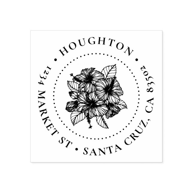 Hand-drawn Hibiscus Round Family Return Address Rubber Stamp (Imprint)