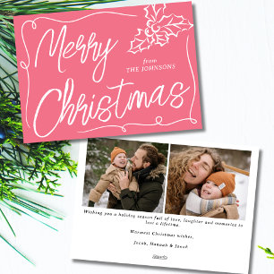 Hand Drawn Holly Berry Bubblegum 2 Photo Christmas Holiday Card