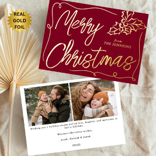 Hand Drawn Holly Berry Burgundy 2 Photo Christmas Foil Holiday Card