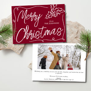 Hand Drawn Holly Berry Burgundy Photo Christmas Holiday Card