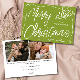 Hand Drawn Holly Berry Olive 2 Photo Christmas Holiday Card