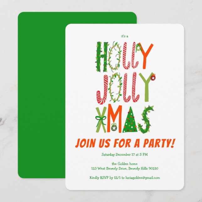 Hand Drawn Holly Jolly Christmas CUSTOM Holiday Invitation (Front/Back)