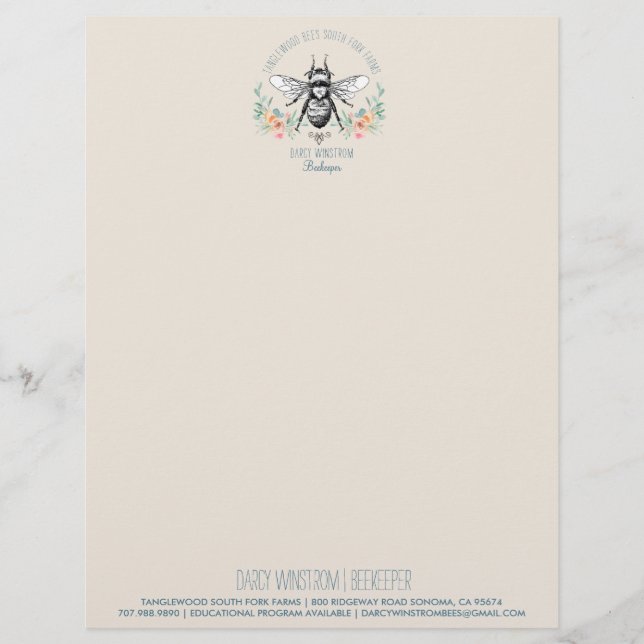 Hand Drawn Honey Bee Beekeeper Apiary Floral  Lett Custom Letterhead (Front)