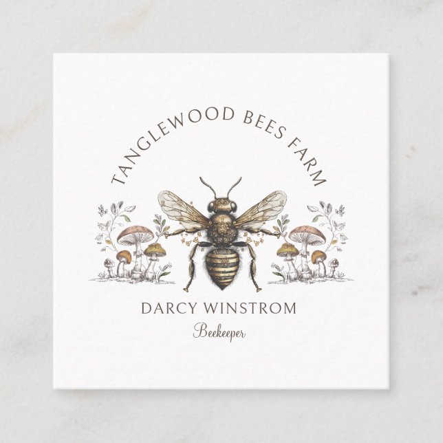 Hand Drawn Honey Bee Beekeeper Apiary Floral Squar Square Business Card (Front)