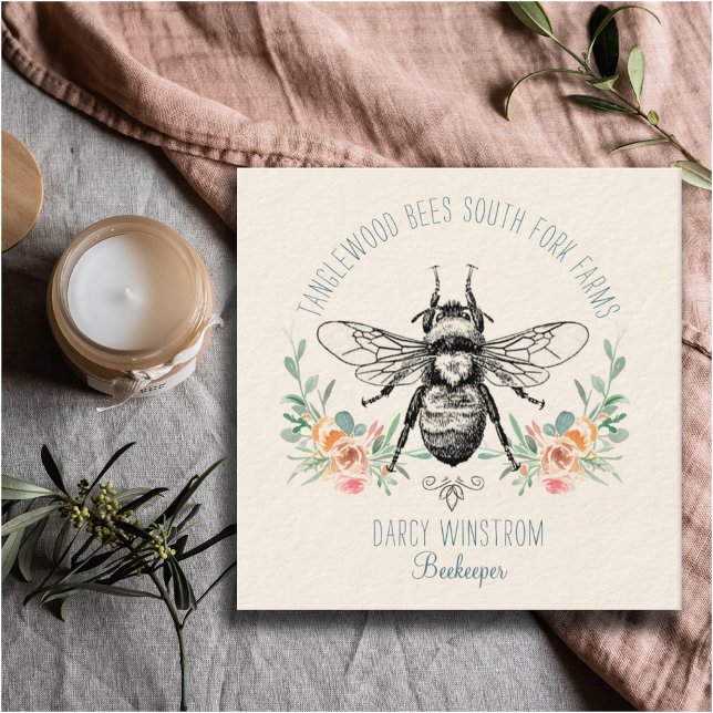 Hand Drawn Honey Bee Beekeeper Apiary Floral Square Business Card (Creator Uploaded)