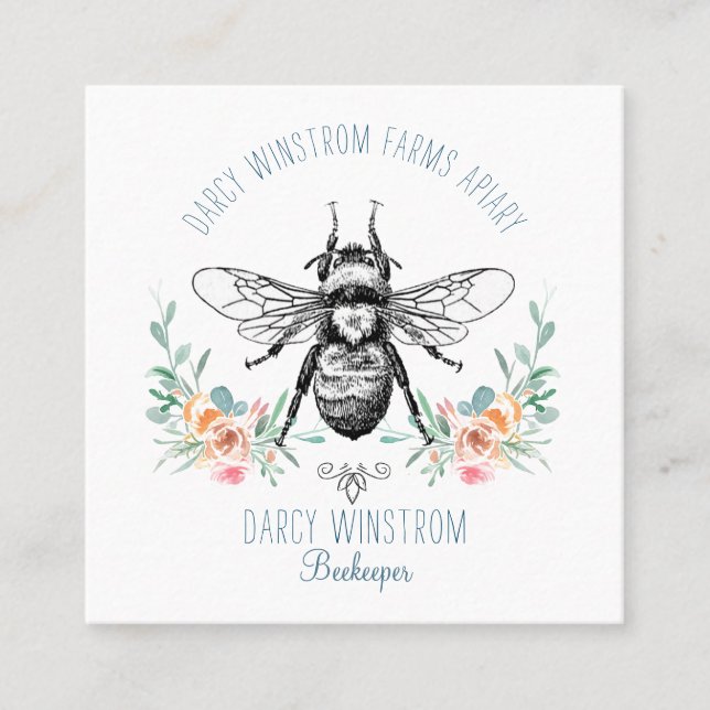 Hand Drawn Honey Bee Beekeeper Apiary Floral Square Business Card (Front)