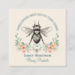 Hand Drawn Honey Bee Products Floral Square Business Card