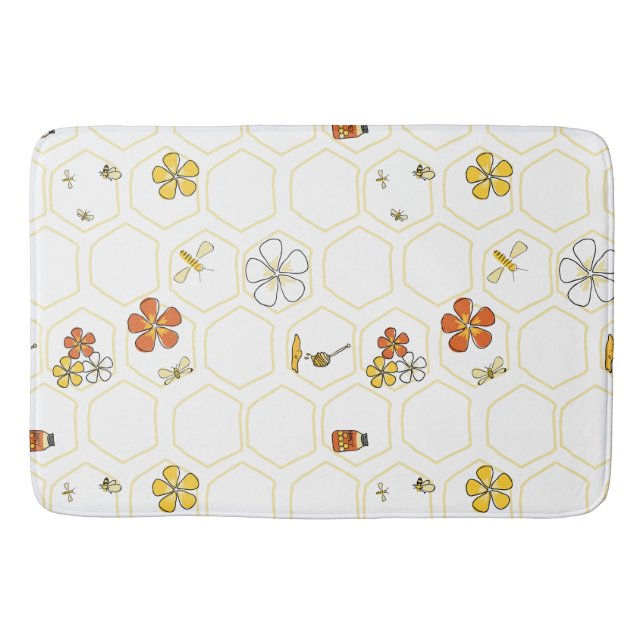 Hand-Drawn Honeycomb and Bumblebee  Bath Mat (Front)