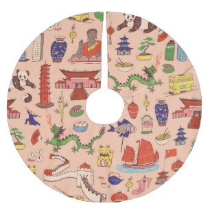 Hand-drawn Hong Kong motifs: seamless pattern Brushed Polyester Tree Skirt