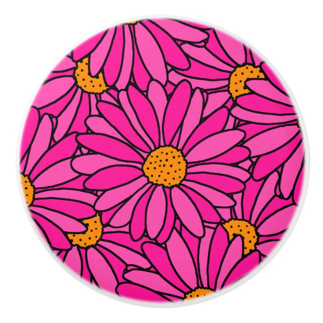Hand Drawn Hot Pink & Orange Daisy Pattern Ceramic Knob (Front)