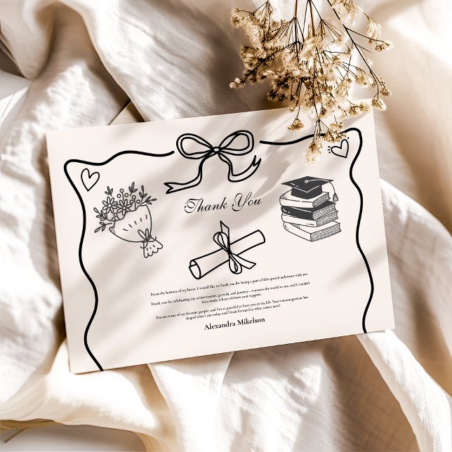 Hand Drawn Illustrated Black & White Graduation  Thank You Card (Creator Uploaded)