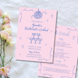 Hand Drawn Illustrated Pink & Blue Bachelorette Invitation