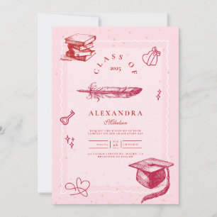 Hand Drawn Illustrated Pink Graduation Party Invitation