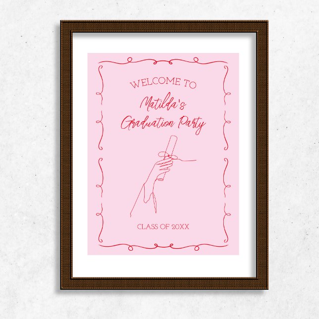 Hand Drawn Illustrated Pink & Red Graduation Party Poster (Hand Drawn Illustrated Pink & Red Graduation Party Poster)