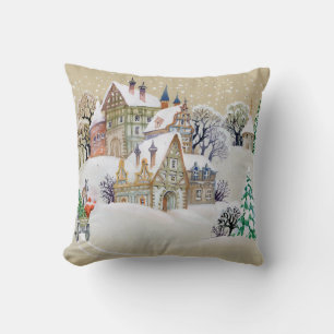 Hand drawn illustration with winter landscape and  cushion