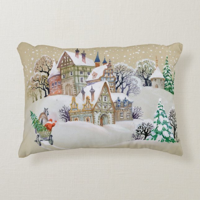 Hand drawn illustration with winter landscape and  decorative cushion (Front)