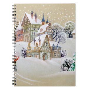 Hand drawn illustration with winter landscape and  notebook