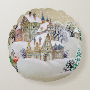 Hand drawn illustration with winter landscape and round cushion