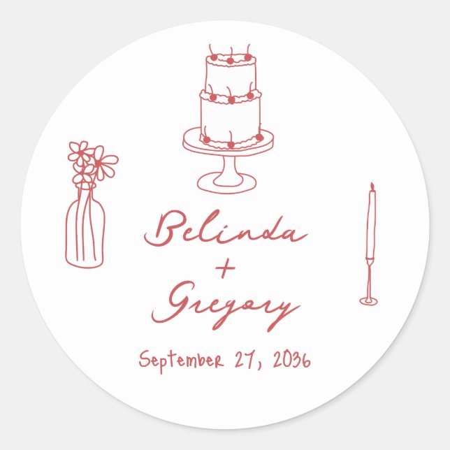 Hand Drawn Illustrations Doodles Maroon Wedding Classic Round Sticker (Front)