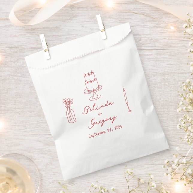Hand Drawn Illustrations Doodles Maroon Wedding Favour Bag (Clipped)