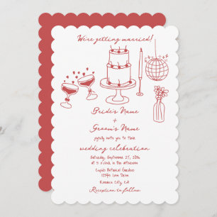 Hand Drawn Illustrations Doodles Maroon Wedding Invitation