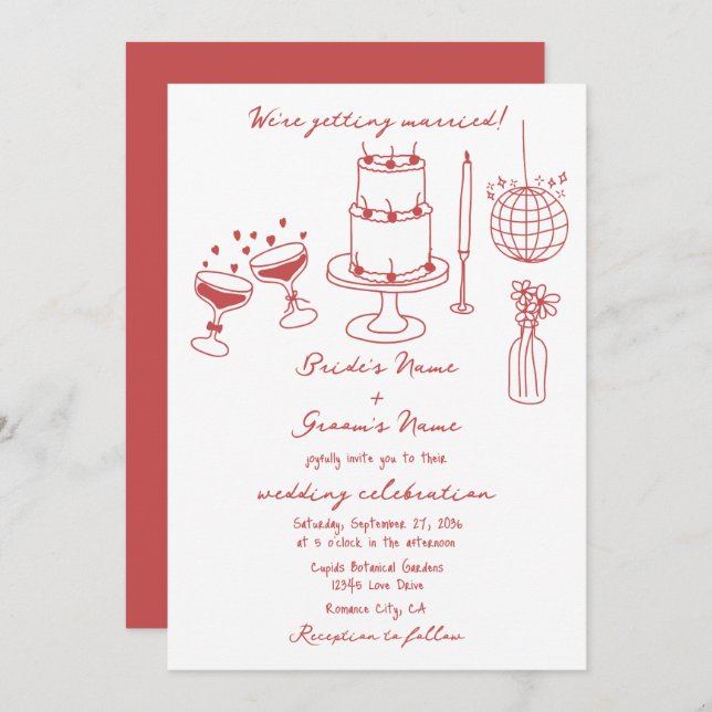 Hand Drawn Illustrations Doodles Maroon Wedding Invitation (Front/Back)