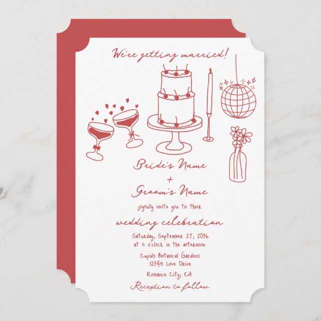Hand Drawn Illustrations Doodles Maroon Wedding Invitation (Front/Back)