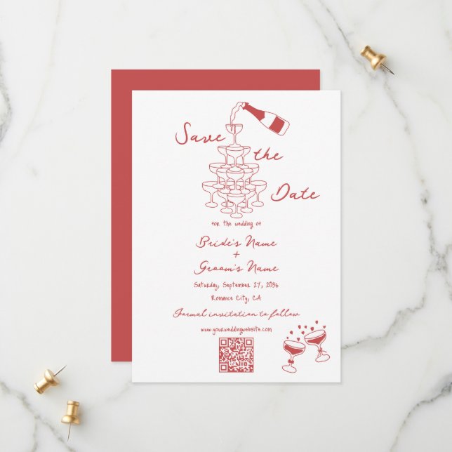 Hand Drawn Illustrations Doodles Maroon Wedding Save The Date (Front/Back In Situ)