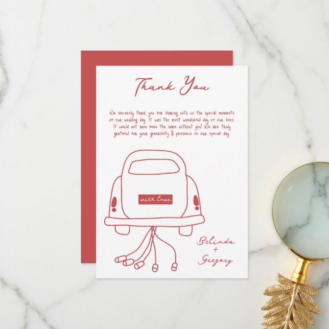 Hand Drawn Illustrations Doodles Maroon Wedding Thank You Card (Front/Back In Situ)