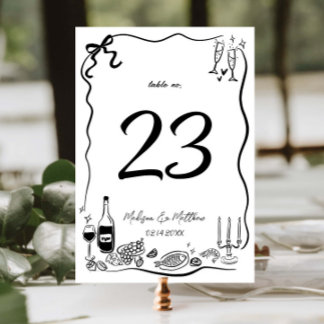 Hand Drawn Illustrations Doodles Wedding Party Table Number