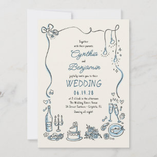 Hand Drawn Illustrations Doodles Whimsical Wedding Invitation
