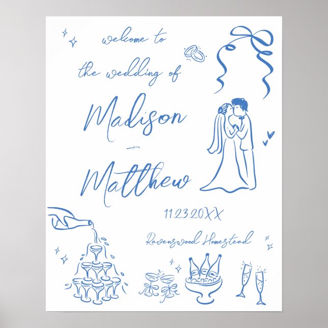Hand Drawn Illustrations Drawings Wedding Welcome Poster (Front)