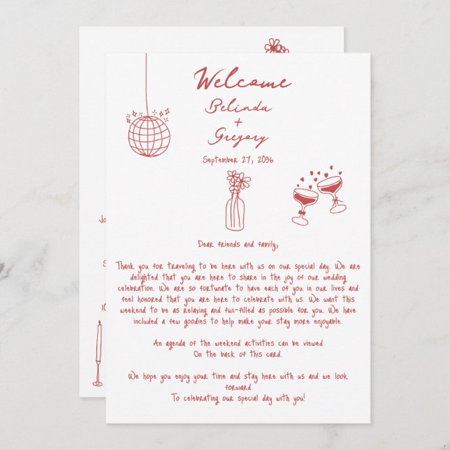 Hand Drawn Illustrations Maroon Wedding Itinerary (Front/Back)