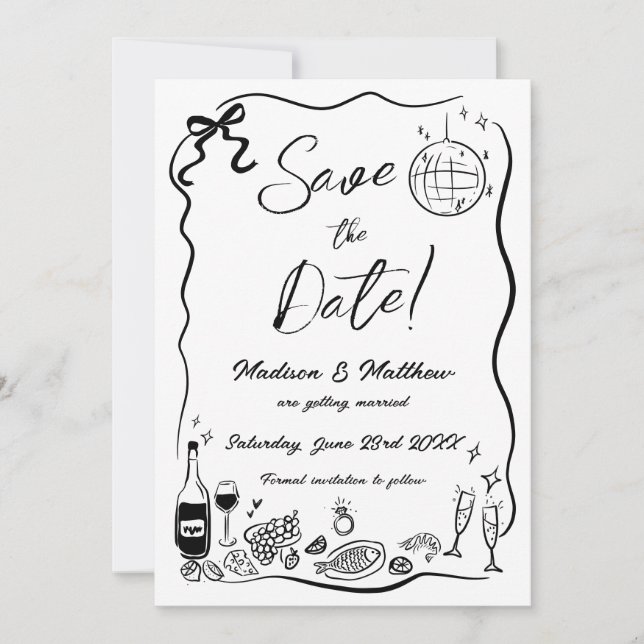 Hand Drawn Illustrations Scribble Doodles Wedding  Save The Date (Front)