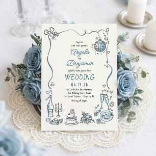 Hand Drawn Illustrations Whimsical Retro Wedding Invitation