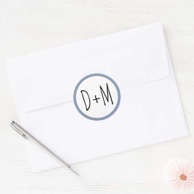 Hand drawn initials typography dusty blue wedding classic round sticker (Envelope)